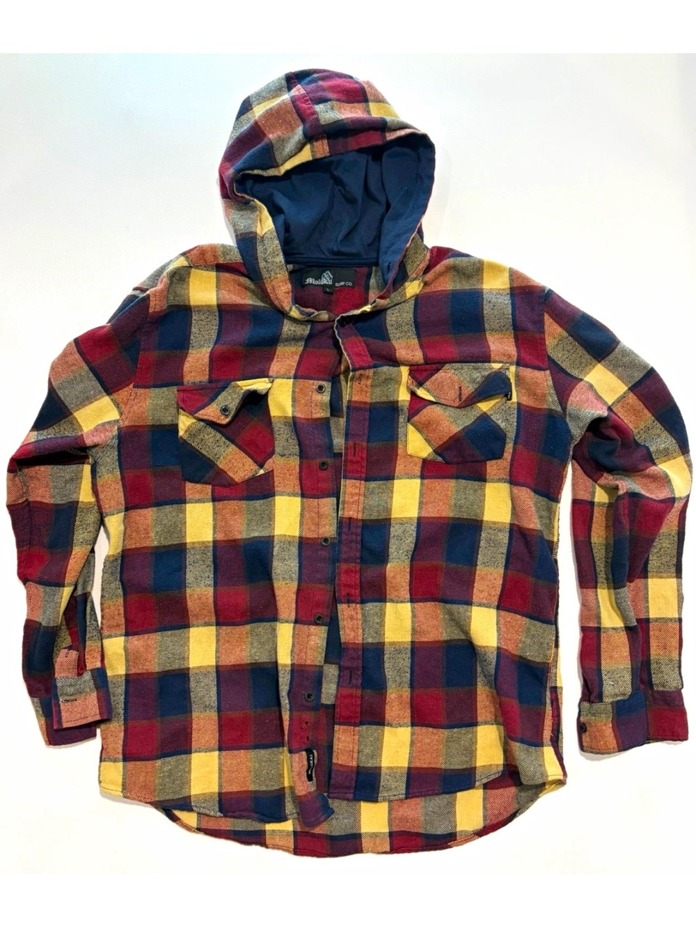 Plaid Hooded Flannel Shirt Jacket - Yellow, Red & Navy